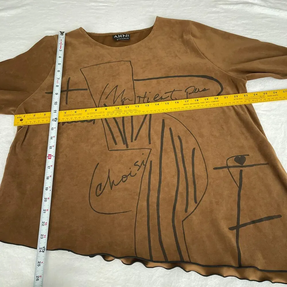 AHNI USA Top Womens 3 / XL Brown Microsuede Artsy Graphic Asymmetrical Hem Boho - Picture 11 of 11